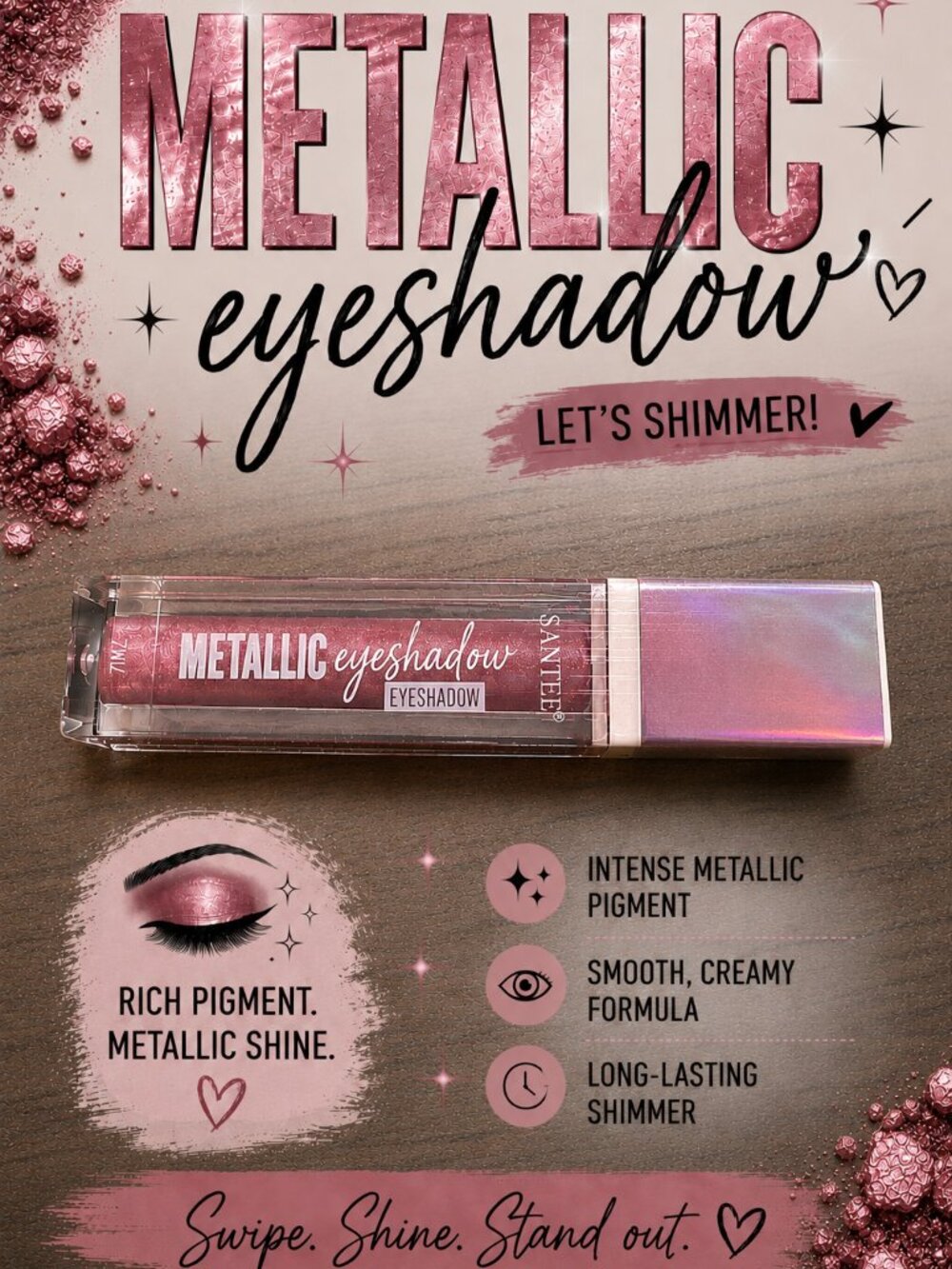 Santee Metallic Liquid Eyeshadow Shimmer Sparkle Rose Vale ST486 NEW